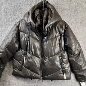 Love Token Olive Vegan Leather Leo Hooded Puffer Jacket size Large